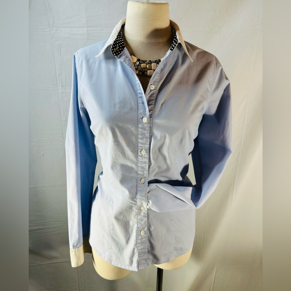 The Limited Sky Blue Striped Button Up Shirt with Polka Dot Trim